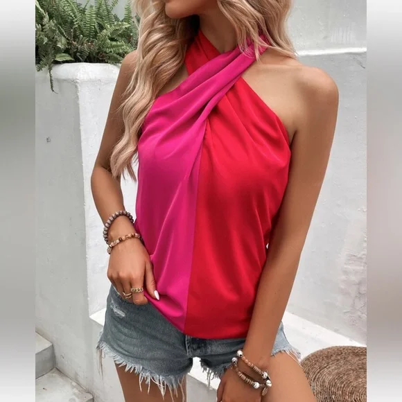 2 Tone Color Block Crisscross Halter Top Blouse Shirt - Picture 6 of 6